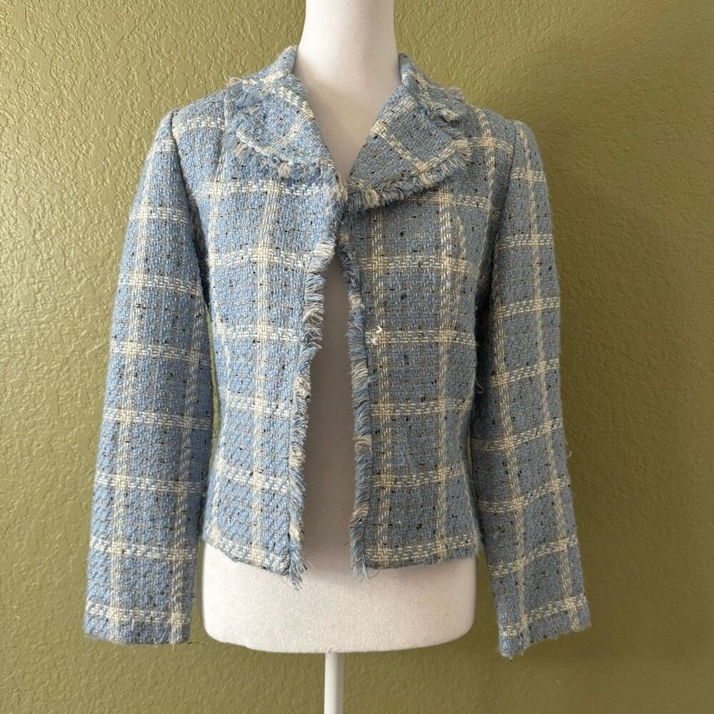 Vintage 6P Spindle Fringe Blazer Pastel Blue Boucle Plaid Tweed Academia Preppy